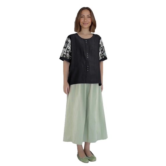 yunLCZ Basic T Shirts Cotton And Linen Plus Size Women's Summer Loose Western Style Breasted Top Printed Five Quarter Sleeved T Shirt For Women Office Shirts Black XL