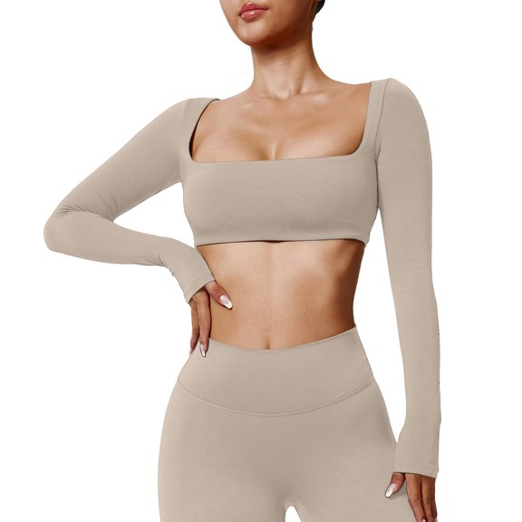 yunLCZ Basic T Shirts Long Sleeve Crop Top Women's Long Sleeve Gym Top Sports Top With In Bra Basic Long Sleeve Shirt Women's Long Sleeved Shirt With Square Neck