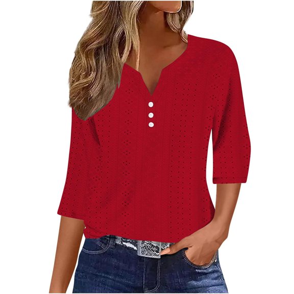 yunLCZ Basic T Shirts Summer Tops For Women 2025 Trendy 3/4 Sleeve V Neck Eyelet Shirts Casual Holiday Vacation Tunic Blouses Women's Cap Sleeve Tank Tops Red M