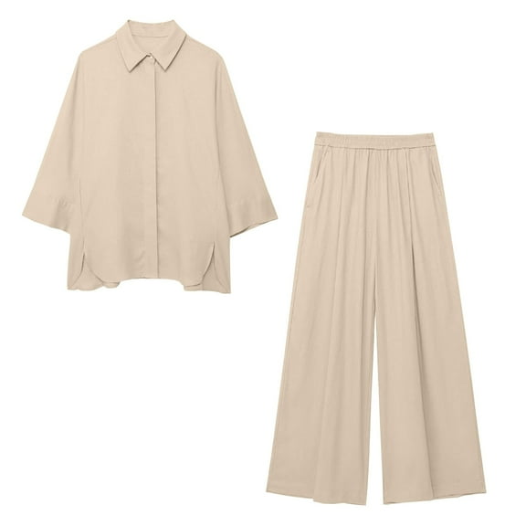 yunLCZ Basic T Shirts Women Solid Pant Sets Casual Blouse Long Sleeve Shirts Elastic Waist Trousers Women's Cap Sleeve Tank Tops Beige L
