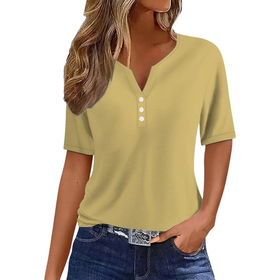 yunLCZ Basic T Shirts Women's Fashion Casual Solid Color Button Short Sleeve Top T Shirt Office Shirts Beige L