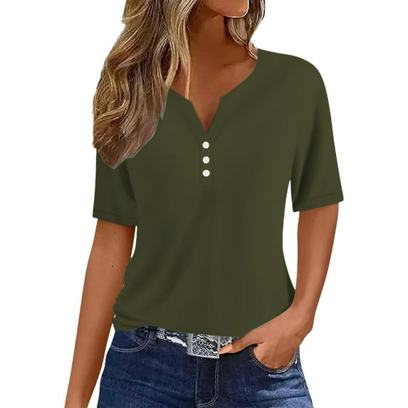 yunLCZ Basic T Shirts Women's Fashion Casual Solid Color Button Short Sleeve Top T Shirt Office Shirts Camouflage XXL