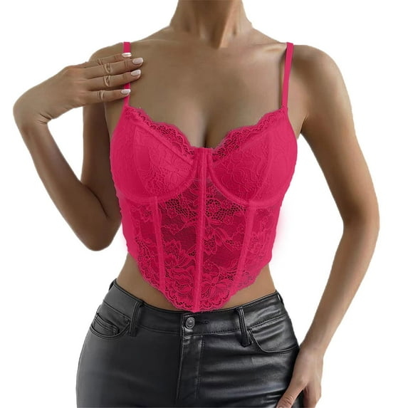 yunLCZ Basic T Shirts Women's Floral Lace Mesh Corset Vest Spaghetti Strap Tops Going Out
