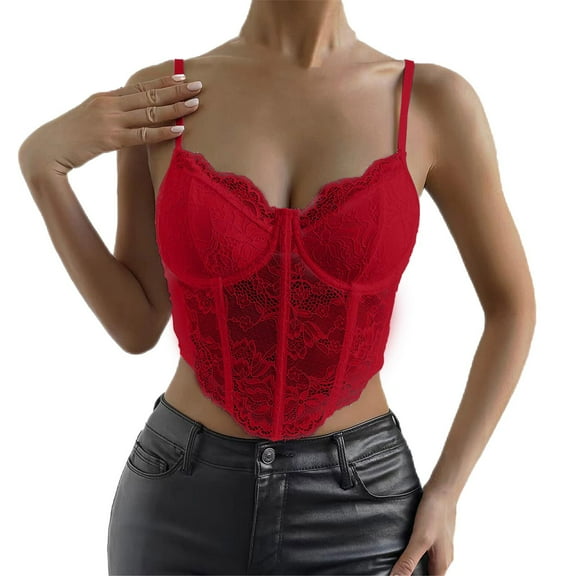 yunLCZ Basic T Shirts Women's Floral Lace Mesh Corset Vest Spaghetti Strap Tops Going Out