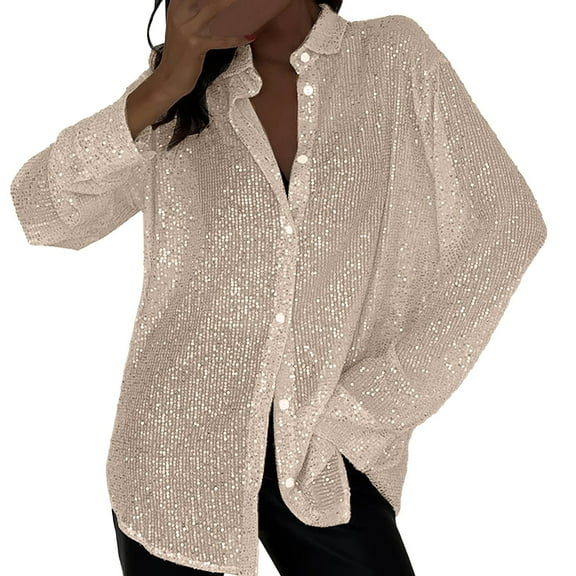yunLCZ Basic T Shirts Women's Long Sleeve Fashionable Sequin Lapel Solid Color Casual Shirt