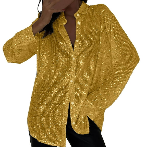 yunLCZ Basic T Shirts Women's Long Sleeve Fashionable Sequin Lapel Solid Color Casual Shirt