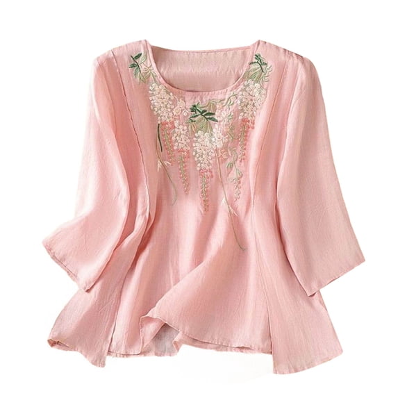 yunLCZ Basic T Shirts Women's Loose Cotton Elegant Summer Five Part Sleeve Top Temperament 2025 Literary Retro Round Neck Embroidered Shirt Women's Short Sleeve T Shirt Office Shirts Pink M