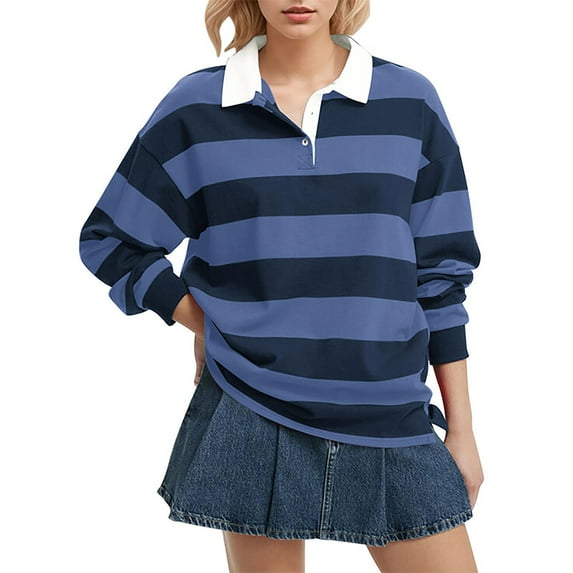 yunLCZ Basic T Shirts Women's Oversized Striped Sweatshirt Long Sleeve Rugby Collared Pullover Tops Loose Fit Shirt