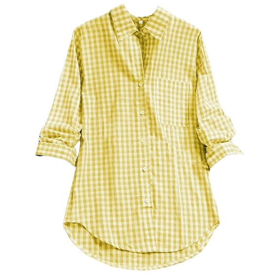yunLCZ Basic T Shirts Women's Plaid Lapel Long Sleeve Vintage Shirt Top Women's Short Sleeve Shirts Yellow XXXXL