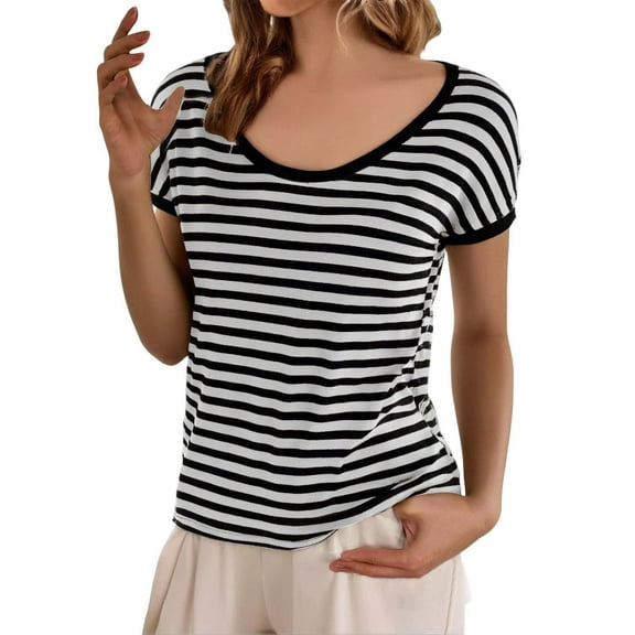 yunLCZ Basic T Shirts Women's Round Neck Loose Large Size Striped T Shirt Women's Short Sleeve Shirts Black XXXXXXXL