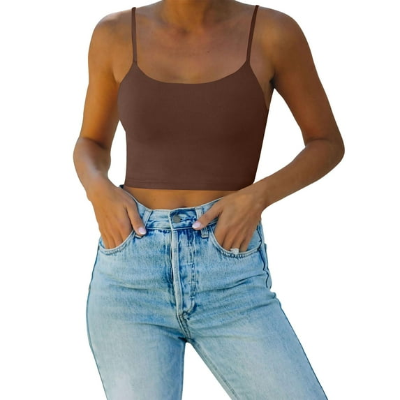 yunLCZ Basic T Shirts Women's Sexy Adjustable Spaghetti Strap Double Lined Camisole Tank Yoga Basic Crop Tops Office Shirts Coffee S