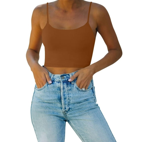 yunLCZ Basic T Shirts Women's Sexy Adjustable Spaghetti Strap Double Lined Camisole Tank Yoga Basic Crop Tops Women's Cap Sleeve Tank Tops Brown S