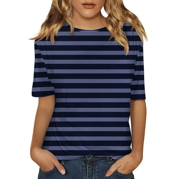 yunLCZ Basic T Shirts Women's Short Sleeved Shirt Spring Striped Round Neck Business Casual Top Polka Dot Loose Half Length Work Shirt Office Shirts Navy M