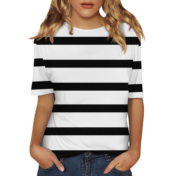 yunLCZ Basic T Shirts Women's Short Sleeved Shirt Spring Striped Round Neck Business Casual Top Polka Dot Loose Half Length Work Shirt Office Shirts White XL