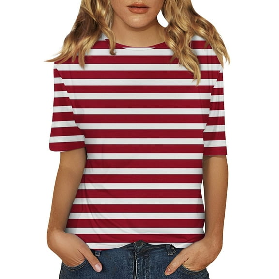 yunLCZ Basic T Shirts Women's Short Sleeved Shirt Spring Striped Round Neck Business Casual Top Polka Dot Loose Half Length Work Shirt Women's Cap Sleeve Tank Tops Red XL