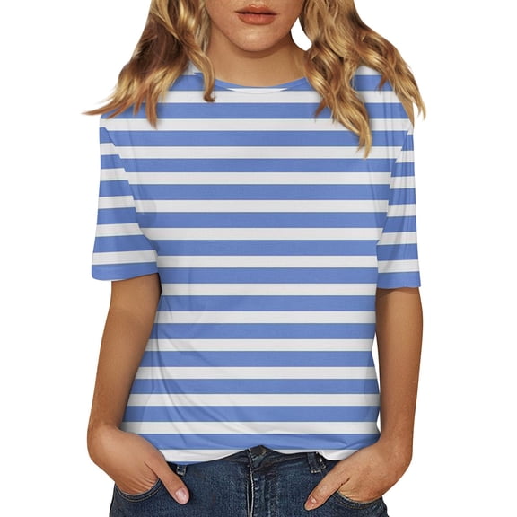 yunLCZ Basic T Shirts Women's Short Sleeved Shirt Spring Striped Round Neck Business Casual Top Polka Dot Loose Half Length Work Shirt Women's Cap Sleeve Tank Tops Light Blue XL