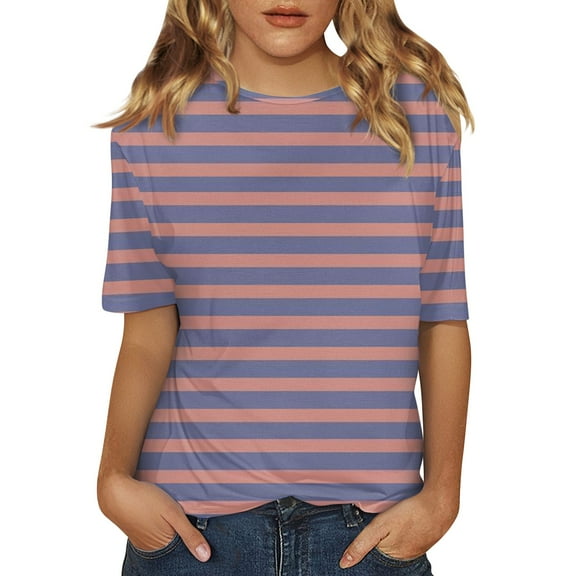 yunLCZ Basic T Shirts Women's Short Sleeved Shirt Spring Striped Round Neck Business Casual Top Polka Dot Loose Half Length Work Shirt Women's Cap Sleeve Tank Tops Pink M