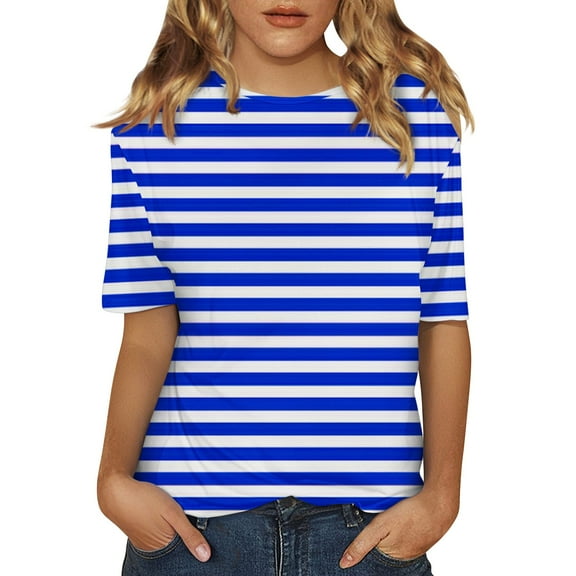 yunLCZ Basic T Shirts Women's Short Sleeved Shirt Spring Striped Round Neck Business Casual Top Polka Dot Loose Half Length Work Shirt Women's Cap Sleeve Tank Tops Blue M