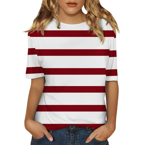 yunLCZ Basic T Shirts Women's Short Sleeved Shirt Spring Striped Round Neck Business Casual Top Polka Dot Loose Half Length Work Shirt Women's Short Sleeve Shirts Red XL