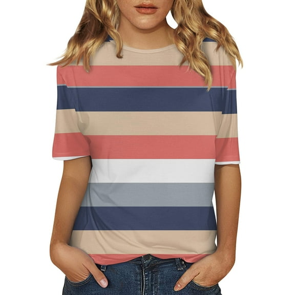 yunLCZ Basic T Shirts Women's Short Sleeved Shirt Spring Striped Round Neck Business Casual Top Polka Dot Loose Half Length Work Shirt Women's Short Sleeve Shirts Orange XXL