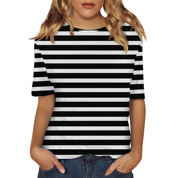yunLCZ Basic T Shirts Women's Short Sleeved Shirt Spring Striped Round Neck Business Casual Top Polka Dot Loose Half Length Work Shirt Women's Short Sleeve Shirts Black XXXXL
