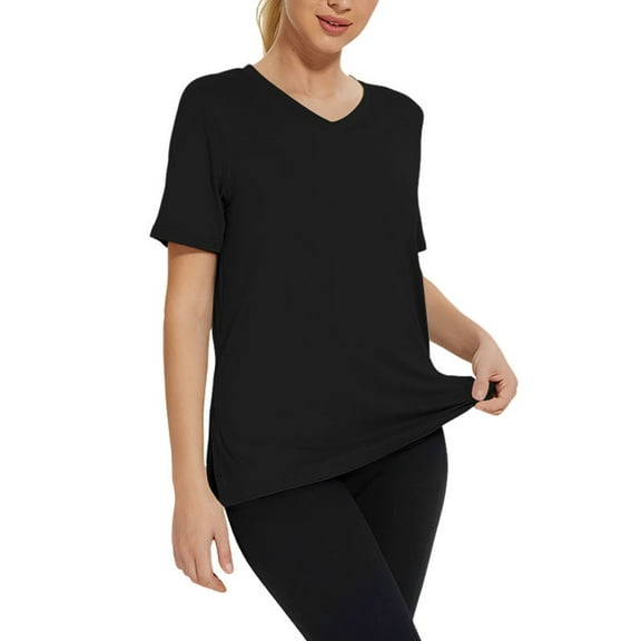 yunLCZ Basic T Shirts Women's Summer V Neck Loose Short Sleeved Shirt With Slit Women's Short Sleeve Shirts