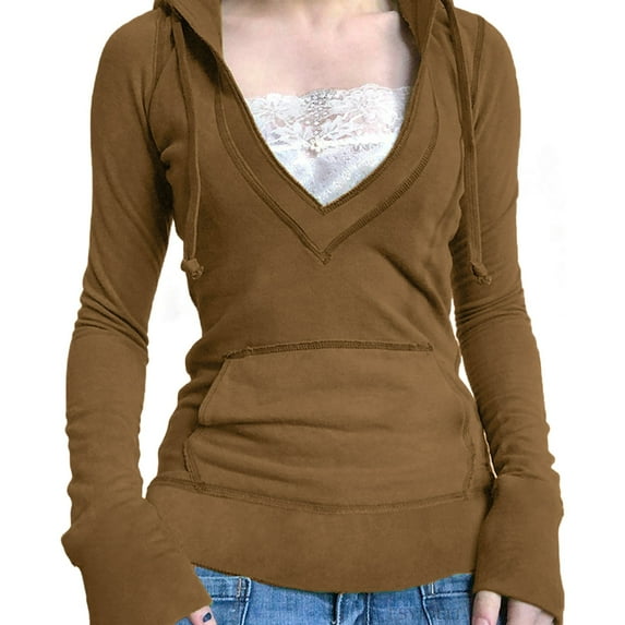 yunLCZ Basic T Shirts Women's T Shirt New Slim Fit And Slimming Lace Deep V Neck Hooded Sweatshirt With Drawstring And Large Pocket Splicing Top
