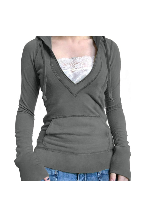 Basic T Shirts Women's T Shirt New Slim Fit And Slimming Lace Deep V Neck Hooded Sweatshirt With Drawstring And Large Pocket Splicing Top