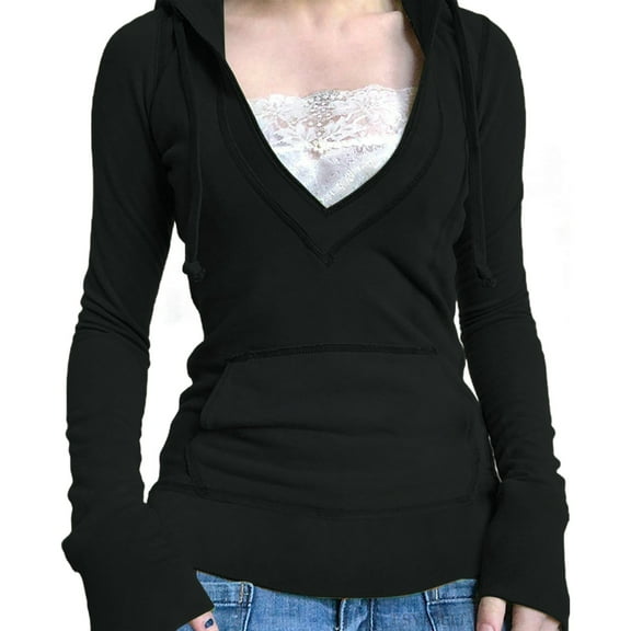 yunLCZ Basic T Shirts Women's T Shirt New Slim Fit And Slimming Lace Deep V Neck Hooded Sweatshirt With Drawstring And Large Pocket Splicing Top