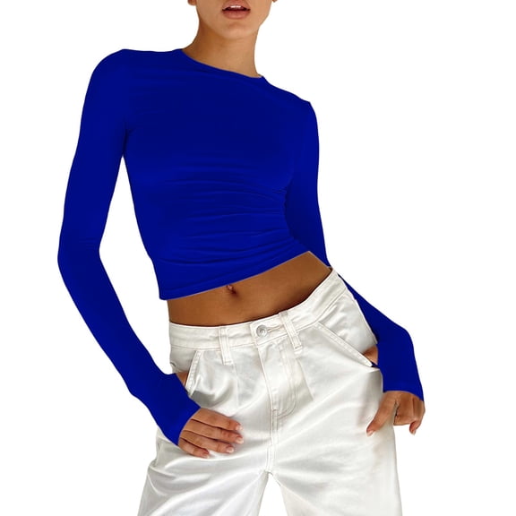 yunLCZ Basic T Shirts Womens Crewneck Long Sleeve Shirt Double Lined Basic Tees Side Ruched Going Out Crop Tops Office Shirts Blue L
