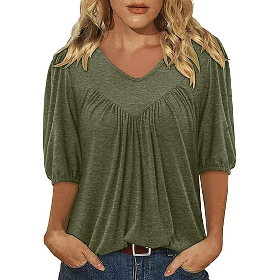yunLCZ Basic T Shirts Womens Puff Half Sleeve Summer Tunic Tops Casual Chest Pleated Shirts Work Blouse For Women