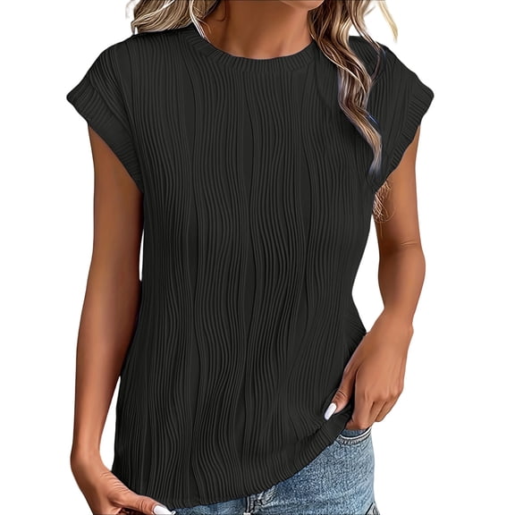 yunLCZ Basic T Shirts Womens Short Sleeve Textured Tops Crewneck Knit Solid Loose Casual Basic T Shirts Tee Blouses Office Shirts Black L