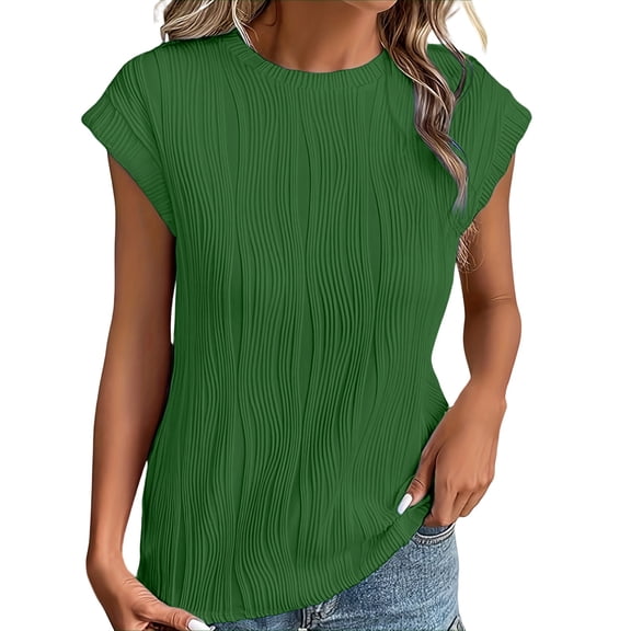 yunLCZ Basic T Shirts Womens Short Sleeve Textured Tops Crewneck Knit Solid Loose Casual Basic T Shirts Tee Blouses Women's Short Sleeve Shirts Green L