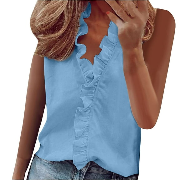 yunLCZ Basic T Shirts Womens Sleeveless Ruffle Peplum Front Tank Tops Casual Summer V Neck Shirts Office Shirts Blue L