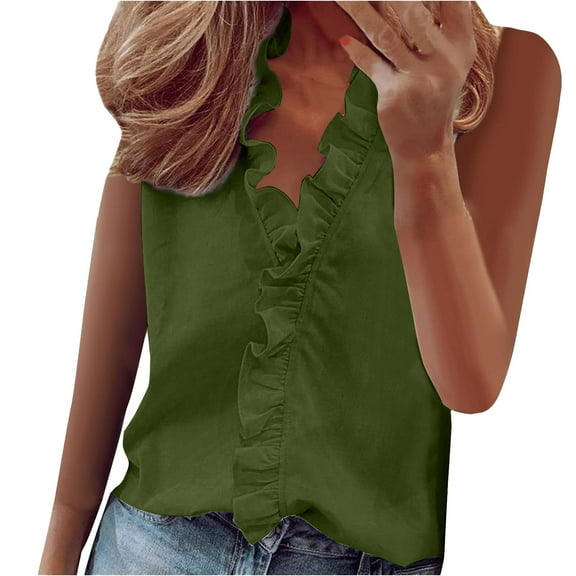 yunLCZ Basic T Shirts Womens Sleeveless Ruffle Peplum Front Tank Tops Casual Summer V Neck Shirts Office Shirts Green L