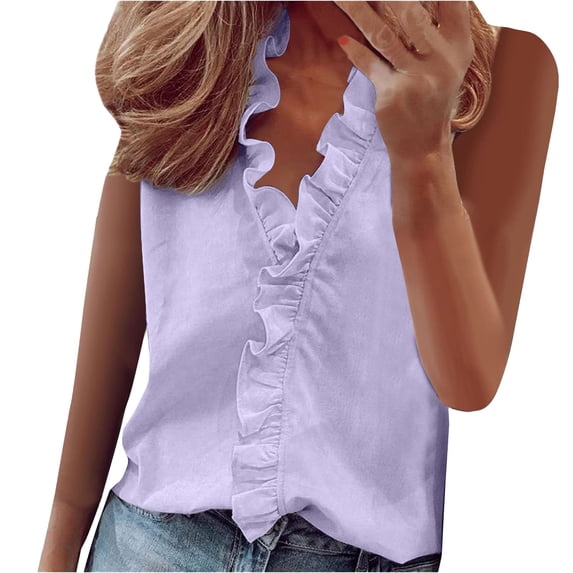 yunLCZ Basic T Shirts Womens Sleeveless Ruffle Peplum Front Tank Tops Casual Summer V Neck Shirts Office Shirts Purple L