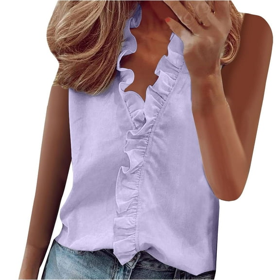 yunLCZ Basic T Shirts Womens Sleeveless Ruffle Peplum Front Tank Tops Casual Summer V Neck Shirts Women's Cap Sleeve Tank Tops Purple XXXL