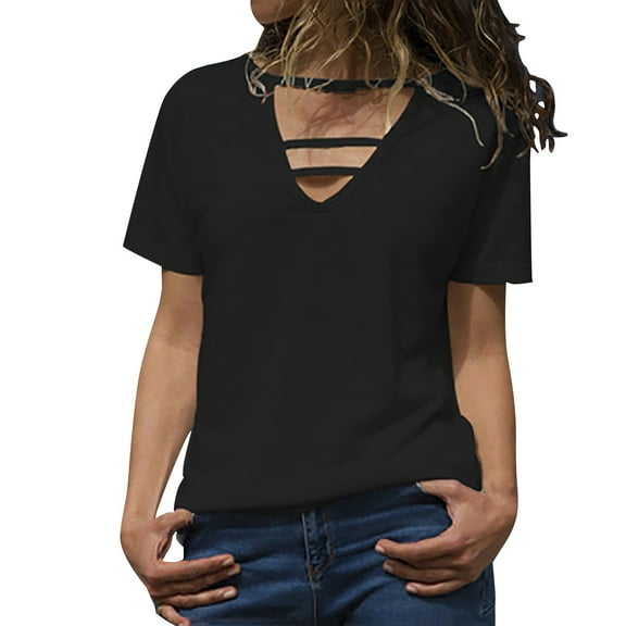 yunLCZ Basic T Shirts Womens Solid Color T Shirts V Neck Summer Short Sleeve Tops Tees Women's Short Sleeve Shirts