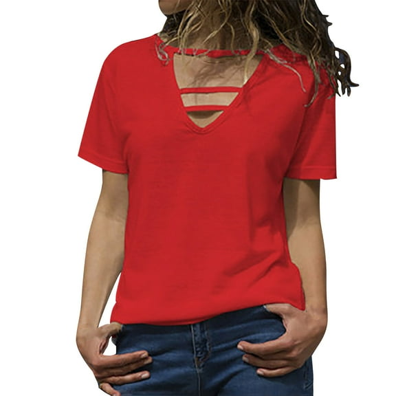 yunLCZ Basic T Shirts Womens Solid Color T Shirts V Neck Summer Short Sleeve Tops Tees Women's Short Sleeve Shirts