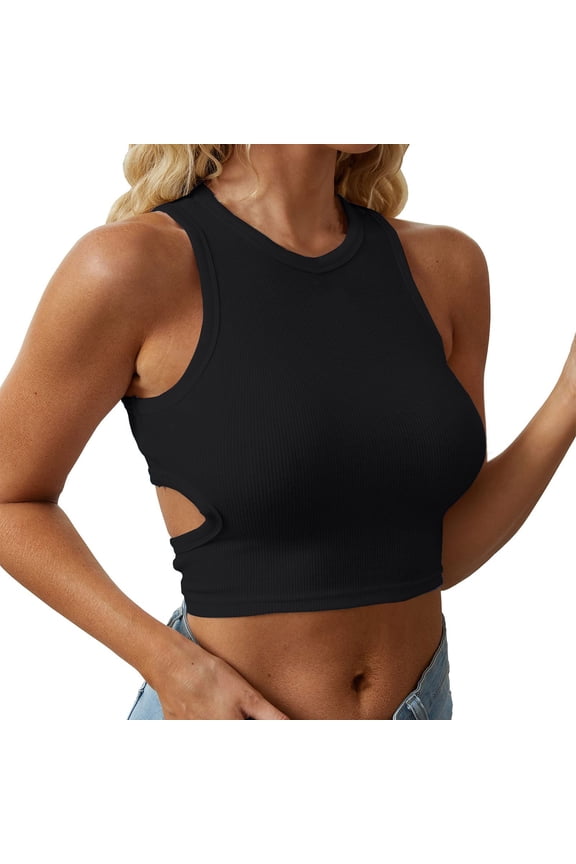 Basic T Shirts Womens Summer Tops Cutout Sleeveless Crewneck Racerback Ribbed Knitted Crop Tank Top Women's Short Sleeve Shirts Black L