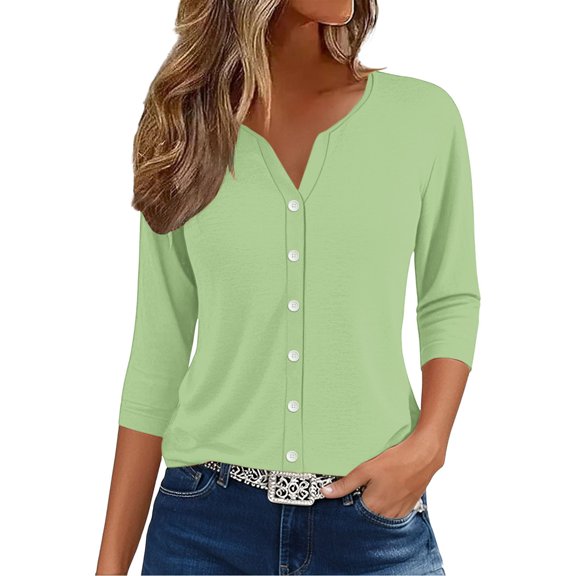 yunLCZ Basic T Shirts Womens Summer Tops Fashion 2025 V Neck Print Shirts Casual Button Down 3/4 Lenght Sleeve Blouses Women's Short Sleeve Shirts Green M