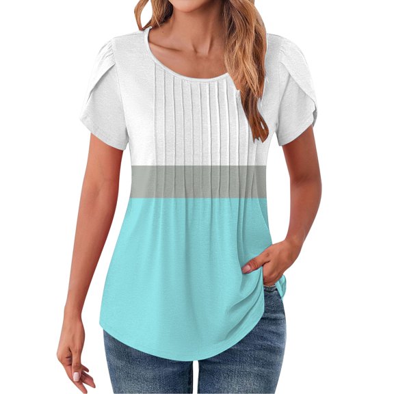 yunLCZ Basic T Shirts Womens Tops Petal Short Sleeve Summer Casual Crew Neck Shirts Floral Solid Blouse Pleated Tunics