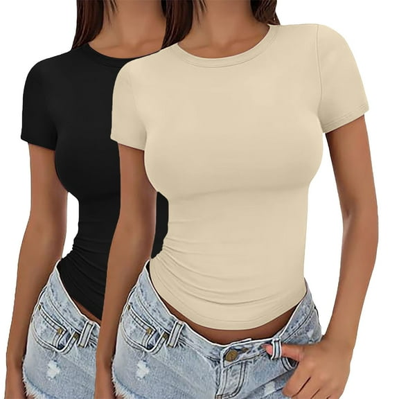 yunLCZ Basic Women's Tees Women's Crop T Shirt Girls Summer Pullover Top Women's Thin Round Neck Fashion Short Sleeves Office casual blouse with leggings