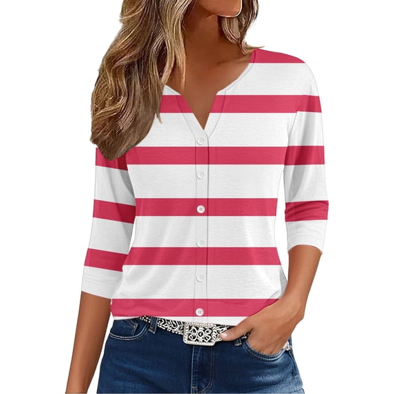 yunLCZ Basic Women's Tees Clearance Womens Summer Tops Fashion 2025 V Neck Print Shirts Casual Button Down 3/4 Lenght Sleeve Blouses workout form-fitting T-shirts women