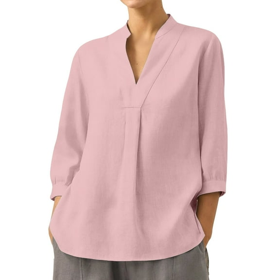 yunLCZ Basic Women's Tees Discounted Linen Shirt For Women Summer Cotton And Linen V Neck 3/4 Sleeve Top Loose Holiday Beach Shirt Tunic Top Summer short sleeve loose fit tunics