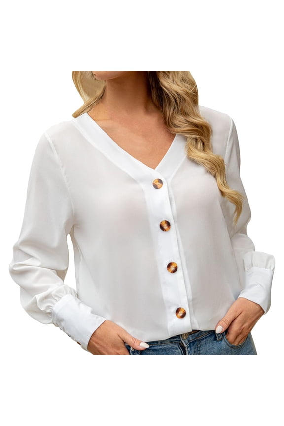 Basic Women's Tees Discounted Women Button Down Shirts Fall Chiffon Long Sleeve V Neck Going Out Tops Loose Comfy Casual T Shirts Blouses Everyday wear simple women's T-shirts