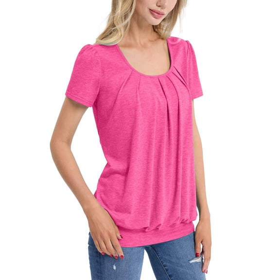 yunLCZ Basic Women's Tees Discounted Women's Short Sleeve Summer Tops Neck Pleated Front Casual Tee T Shirt Summer short sleeve loose fit tunics