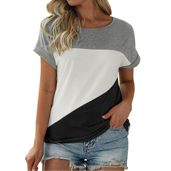 yunLCZ Basic Women's Tees Discounted Women's Short Sleeved Loose Tops T Shirts Color Blocked Casual Sleeves Color Blocked T Shirts Breathable casual blouse loose fit