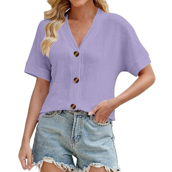 yunLCZ Basic Women's Tees Discounted Women's Solid Color Button Loose V Neck Short Sleeved Cardigan Top Breathable casual blouse loose fit
