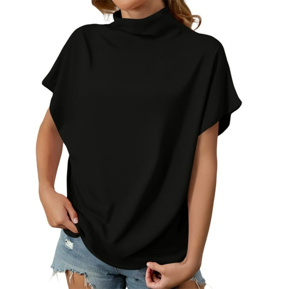 yunLCZ Basic Women's Tees Discounted Women's Summer Solid Color High Neck Loose Casual Short Sleeved T Shirt Top Summer short sleeve loose fit tunics